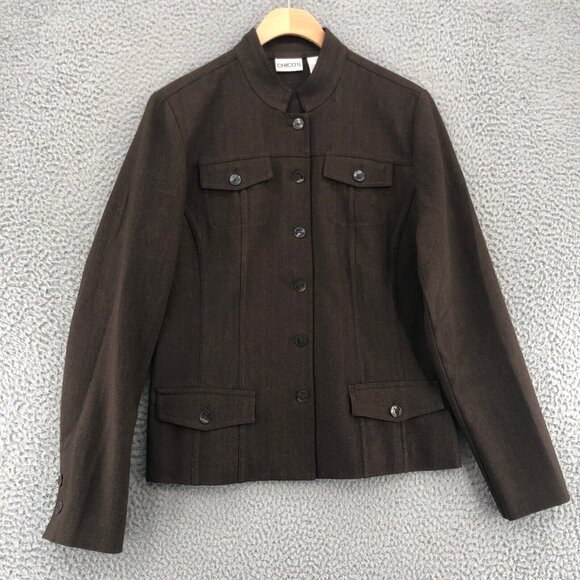 Chicos Blazer Womens 0 US Small Brown Glitter Mandarin Collar French Pocket Work - Picture 1 of 10